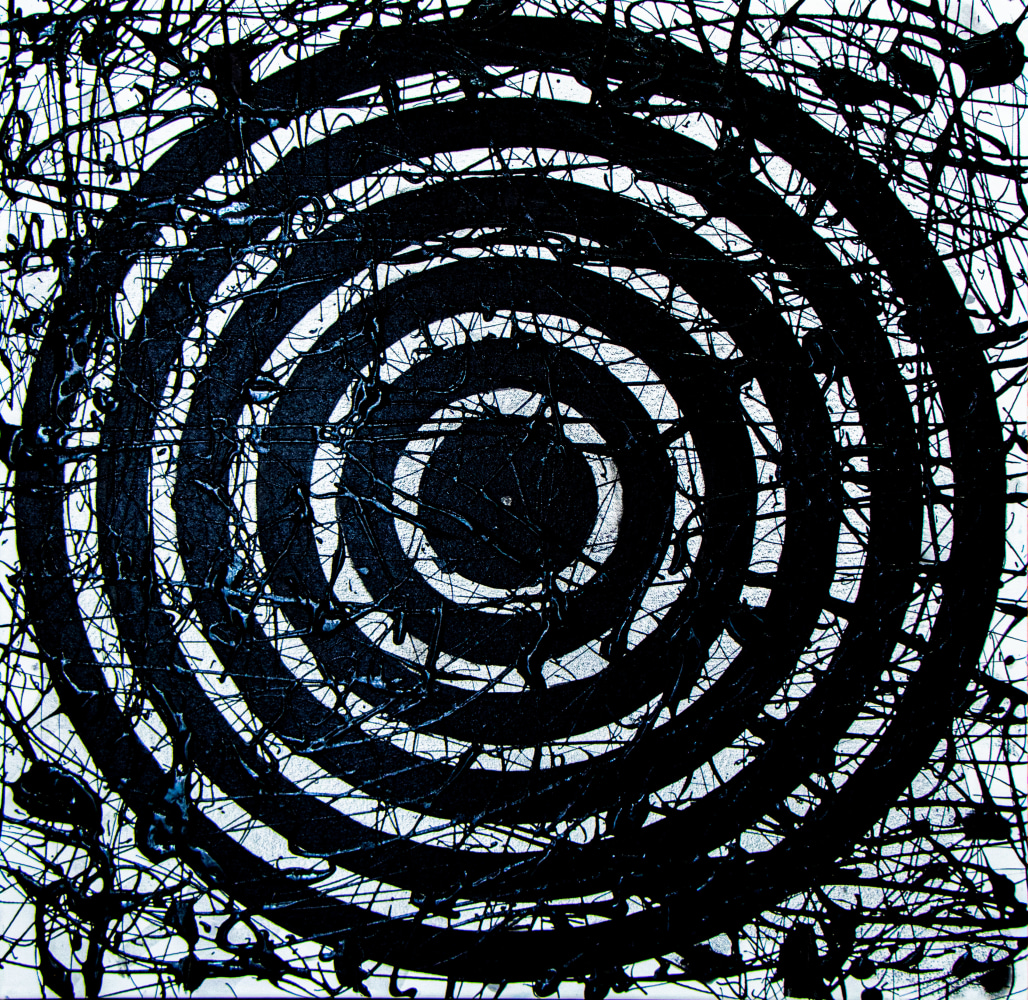 J. Steven Manolis, Black &amp; White Concentric 2020, 30 x 30 inches, Acrylic painting on Canvas, geometric abstraction, Abstract expressionism art for sale at Manolis Projects Art Gallery, Miami, Fl