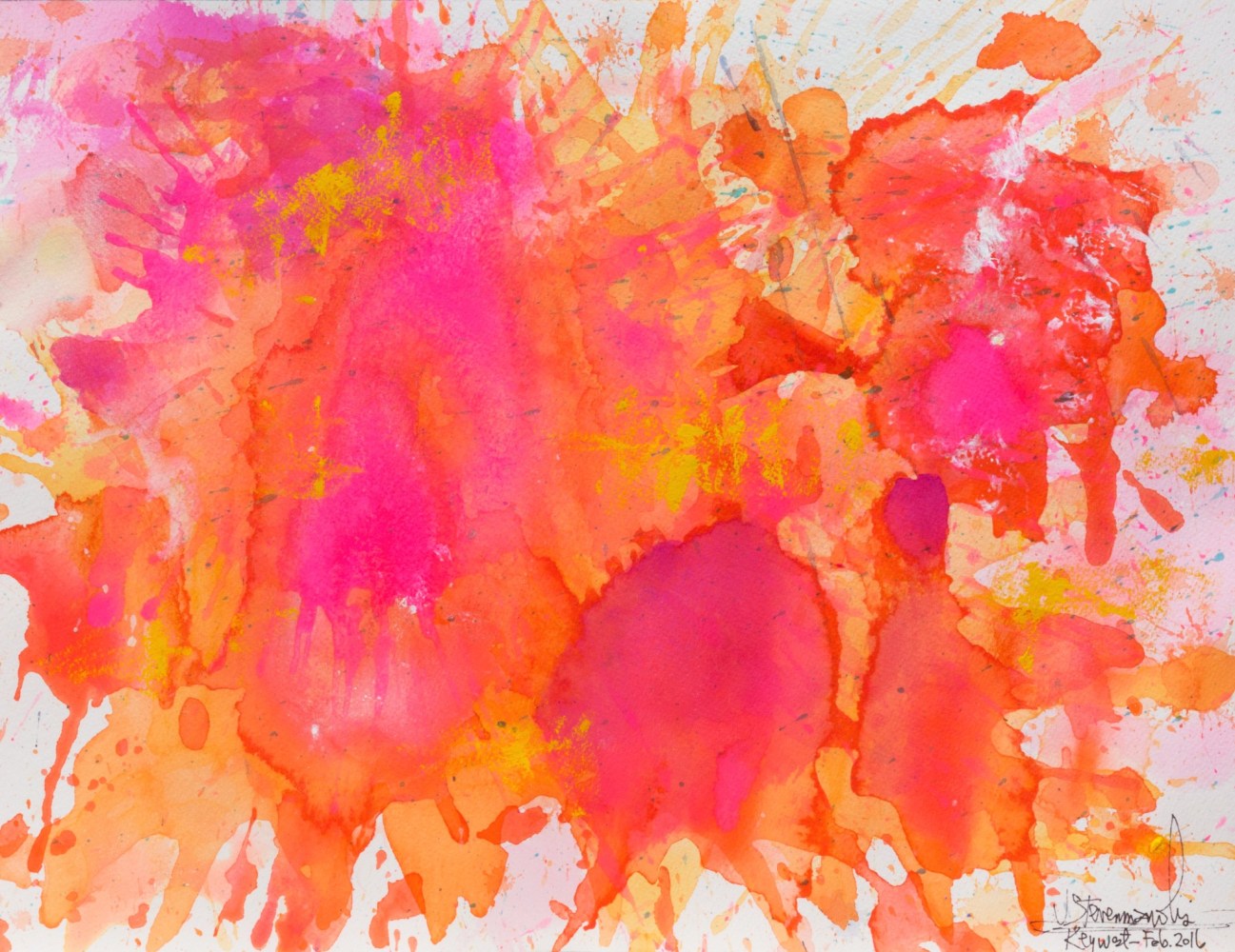 J. Steven Manolis, Flamingo-Key West, 1832-2016-1216.06, watercolor, gouache and acrylic painting on Arches paper, 12 x 16 inches, Pink and orange Abstract Art, Tropical Watercolor paintings for sale at Manolis Projects Art Gallery, Miami, Fl