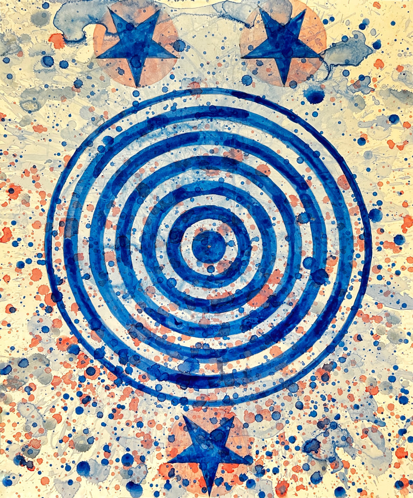 J. Steven Manolis', 17 x 14 inch, red, white and blue abstract expressionist painting, Happy Birthday America (blue concentric), in vitreous acrylic paint on paper