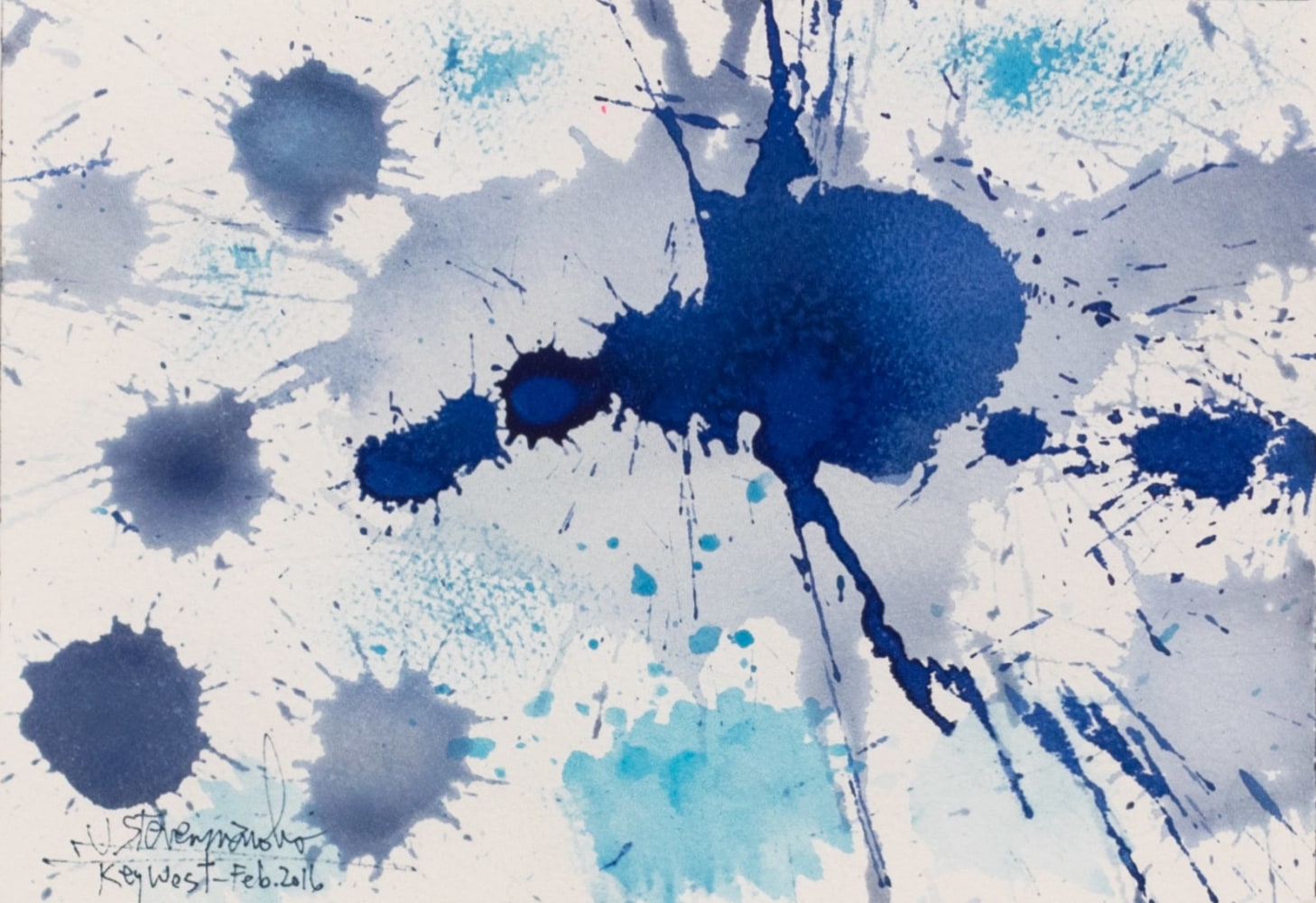 J. Steven Manolis, Splash (Key West) 07.10.05, 2016, Watercolor painting on Arches paper, 7 x 10 inches, Blue Abstract Art, Splash Art for sale at Manolis Projects Art Gallery, Miami, Fl
