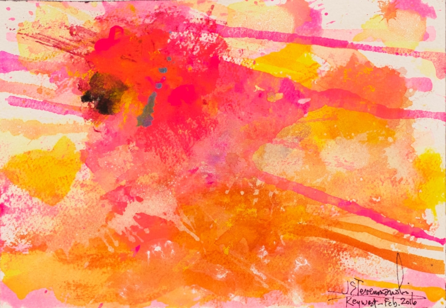 J. Steven Manolis, Flamingo 1832-2016 (Key West) 07.10.03, watercolor painting on paper, 7 x 10 inches, Pink and orange Abstract Art, Tropical Watercolor paintings for sale at Manolis Projects Art Gallery, Miami, Fl