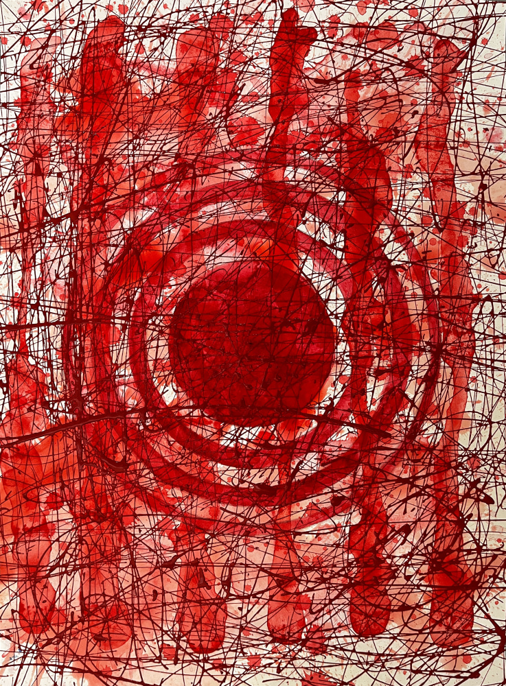 J. Steven Manolis', 17 x 14 inch, red concentric abstract expressionist painting, REDWORLD 17, in vitreous acrylic paint on paper