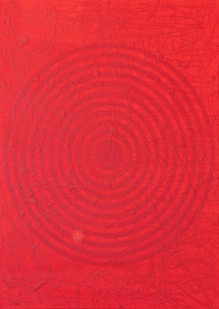 J. Steven Manolis’ red geometric abstract expressionism painting,” Red on Red Concentric,” 2022, Acrylic and Latex enamel on canvas, 40 x 30 inches, red abstract wall art for sale at Manolis projects Miami, Fl