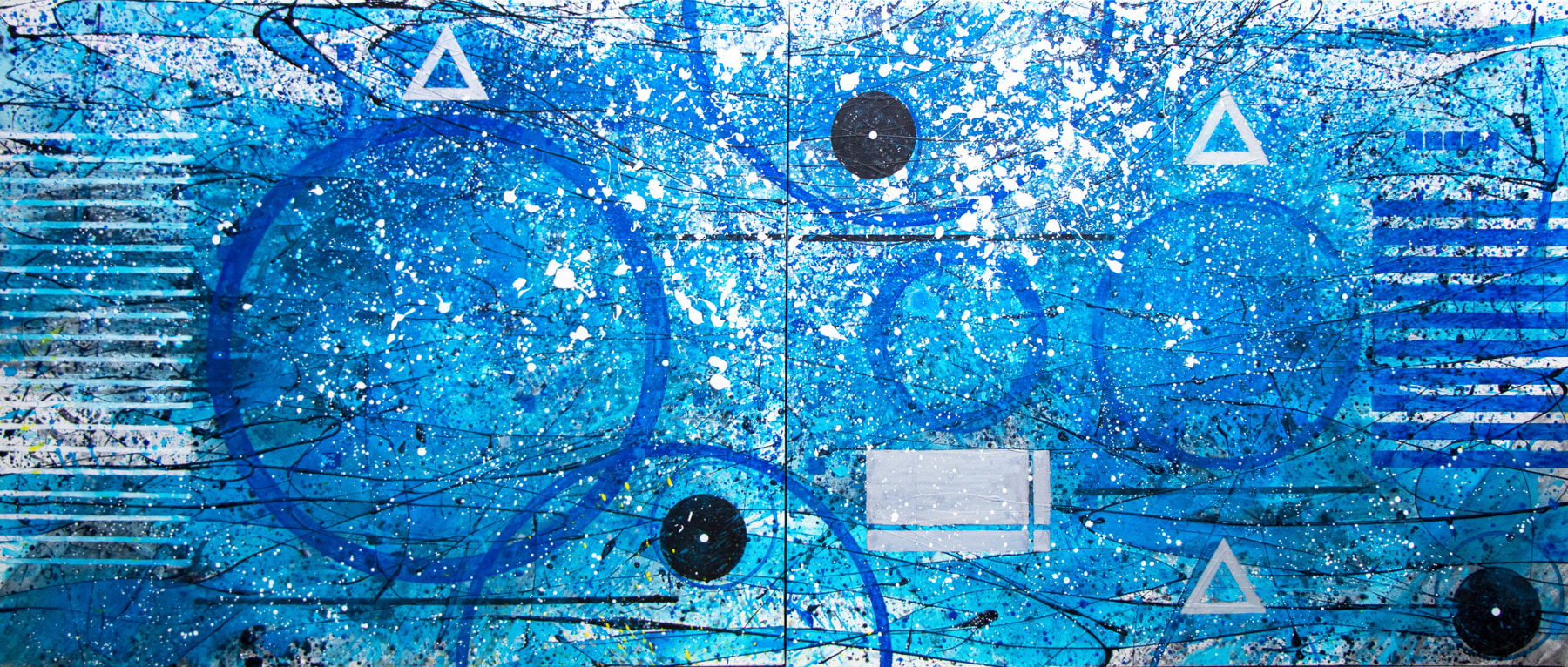 J. Steven Manolis, Splash (concentric) painting, 2020, 60 x 144 inches, Acrylic and Latex painting on Canvas, Extra large Wall Art, Blue Abstract Art for sale at Manolis Projects Art Gallery, Miami, Fl