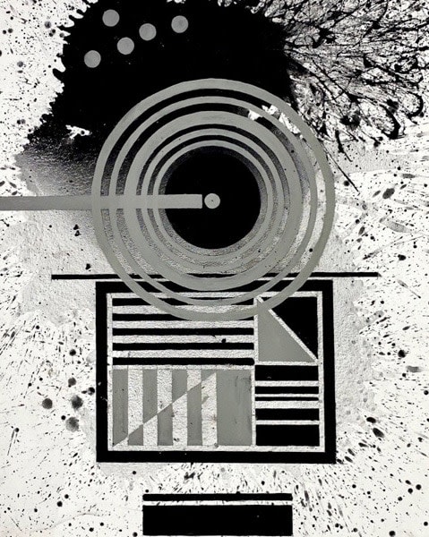 J. Steven Manolis,  Black &amp; White (Concentric) 2020, 40 x 30 inches, Acrylic and Latex Enamel on Canvas, Large Black and White Wall Art, Abstract expressionism art for sale at Manolis Projects Art Gallery, Miami, Fl