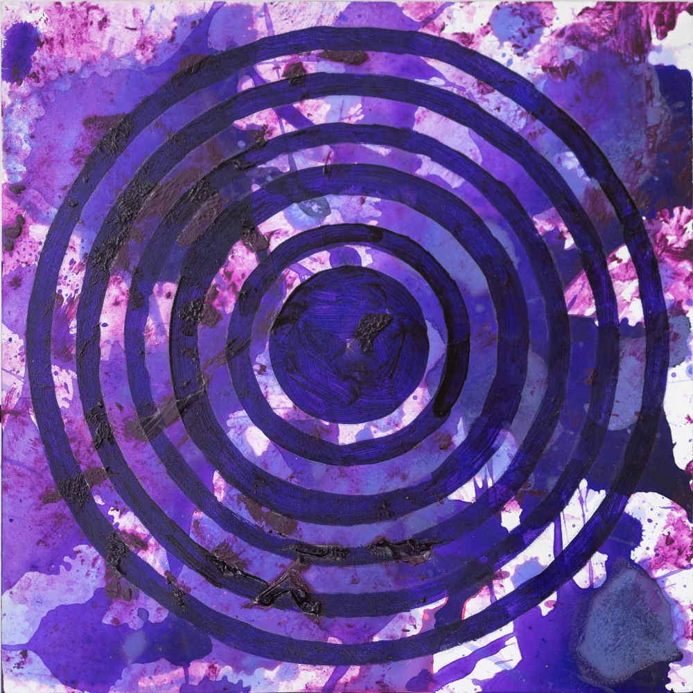 J. Steven Manolis, PurpleFields (Concentric) 2, 2020, Acrylic on woodblock, 12 x 12 inches, purple abstract expressionism art