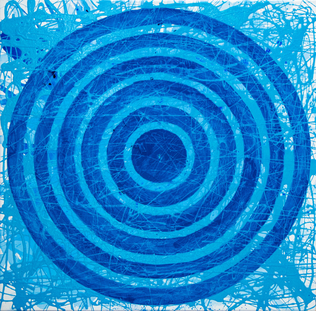J. Steven Manolis, Concentric Blue Sky, 2020, 30 x 30 inches, Acrylic paintingl on Canvas, geometric abstraction, Abstract expressionism art for sale at Manolis Projects Art Gallery, Miami, Fl