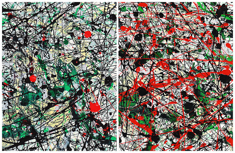 J. Steven Manolis, Chaos Red, Green, Black, Grey &amp; Vanilla-2002.1&amp;2, enamel and oil on paper, 11.75 x 18 inches, For sale at Manolis Projects Art Gallery, Miami Fl