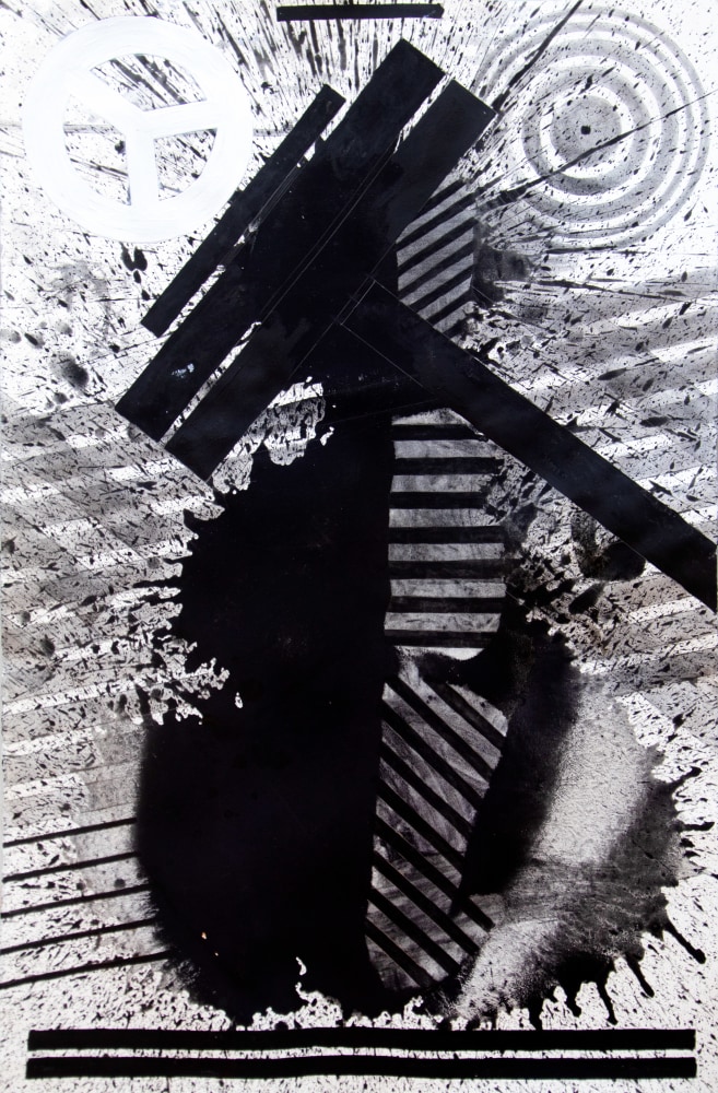 Abstract Expressionist artist J. Steven Manolis', Black &amp; White (World Peace) VI, black and white abstract wall art on paper, 2022, Vitreous Acrylic on paper, 40 x 30 inches