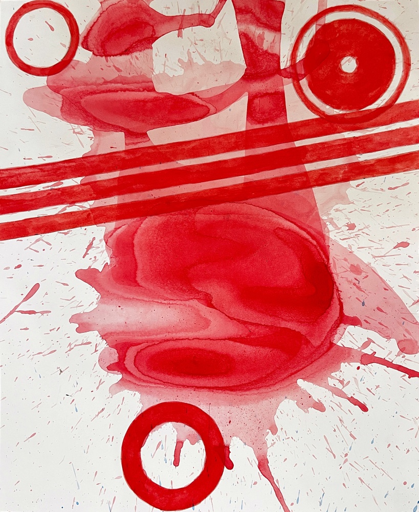 J. Steven Manolis', 17 x 14 inch, red abstract expressionist painting, REDWORLD 21 (17.14.02), in vitreous acrylic paint on paper