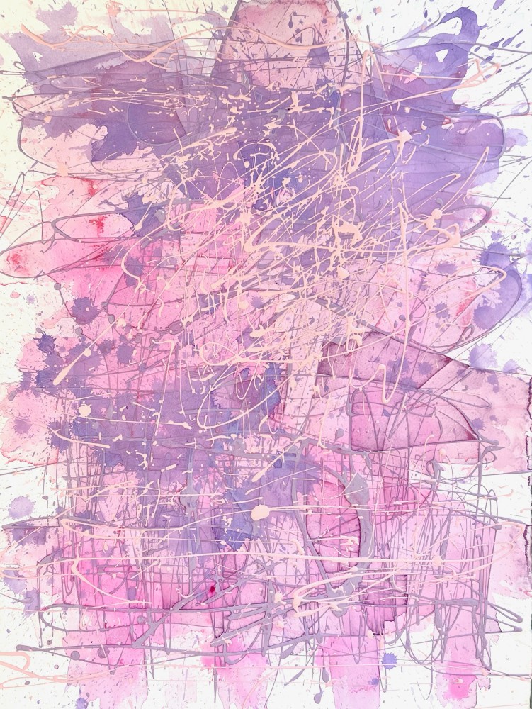 Abstract Expressionist artist J. Steven Manolis', Santa Catalina Sunset 5, pink and purples abstract wall art on paper, 2023, Acrylic on paper, 30 x 22.5 inches