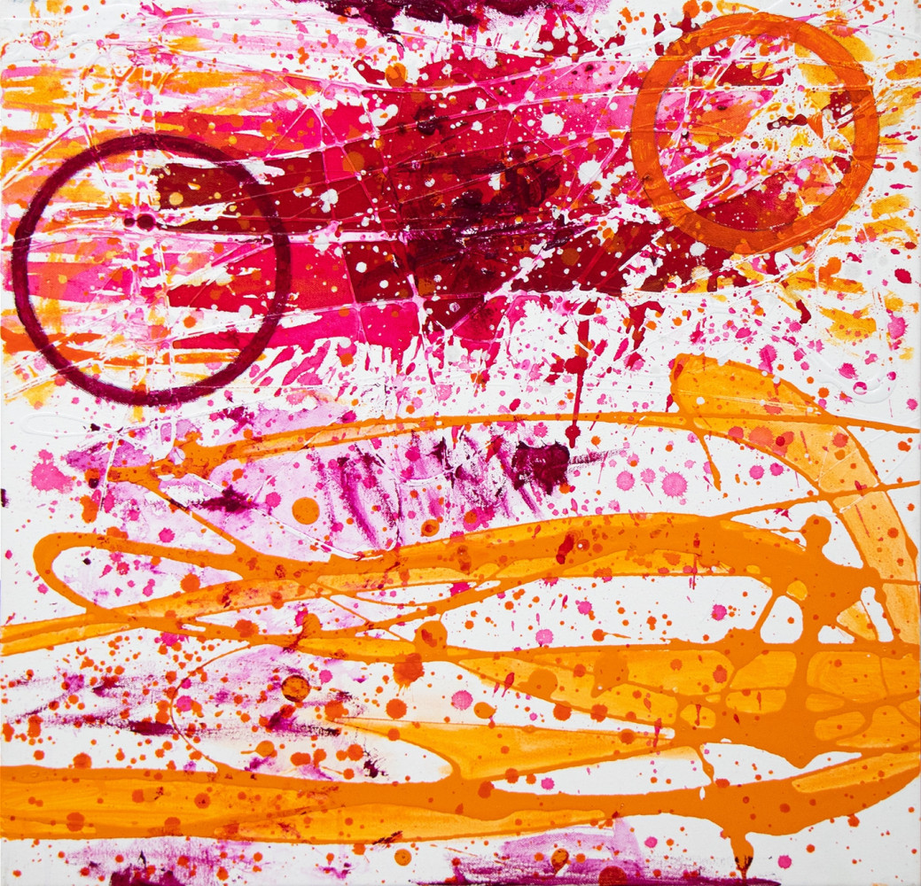 J. Steven Manolis, Flamingo, 2020, Acrylic and Latex Enamel painting on canvas, 24 x 24 inches, Flamingo Art, Abstract expressionism art for sale at Manolis Projects Art Gallery, Miami, Fl