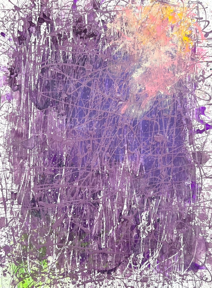 J. Steven Manolis' purple and grey abstract expressionist painting, Violet and Grey (Spring has Sprung 1) in vitreous acrylic and latex enamel on paper