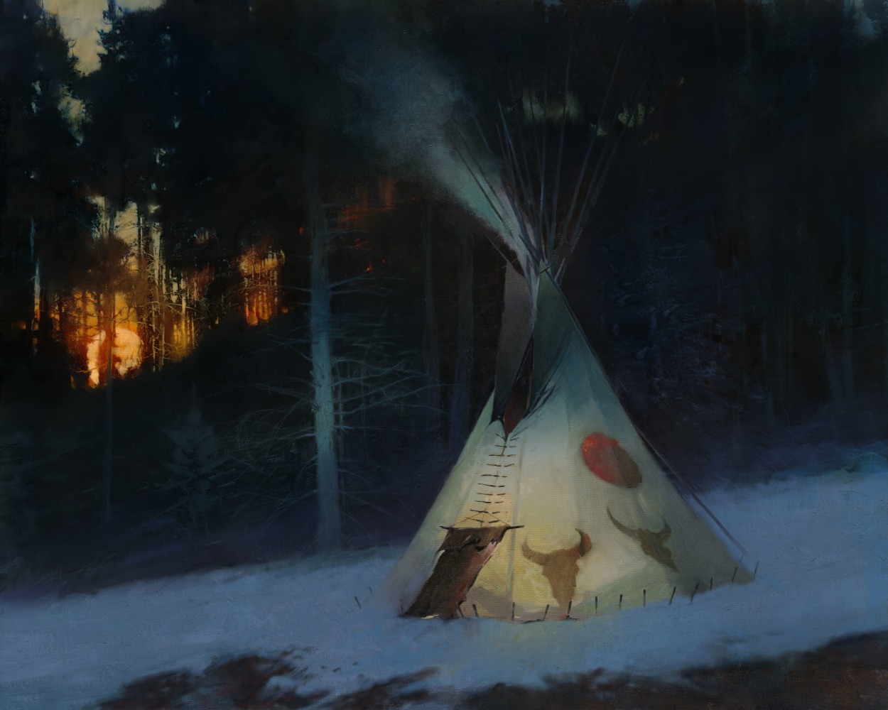 Bad Moon on the Rise
Oil on canvas
24 x 30 inches

&amp;ldquo;The last warmth of a weak winter sun passes over a lone tipi in the shadows. The lodge&amp;rsquo;s design suggests the nature of the starving time: long, cold nights and little food, skeletal bison, and a &amp;lsquo;bad moon&amp;rsquo; on the rise.&amp;rdquo;