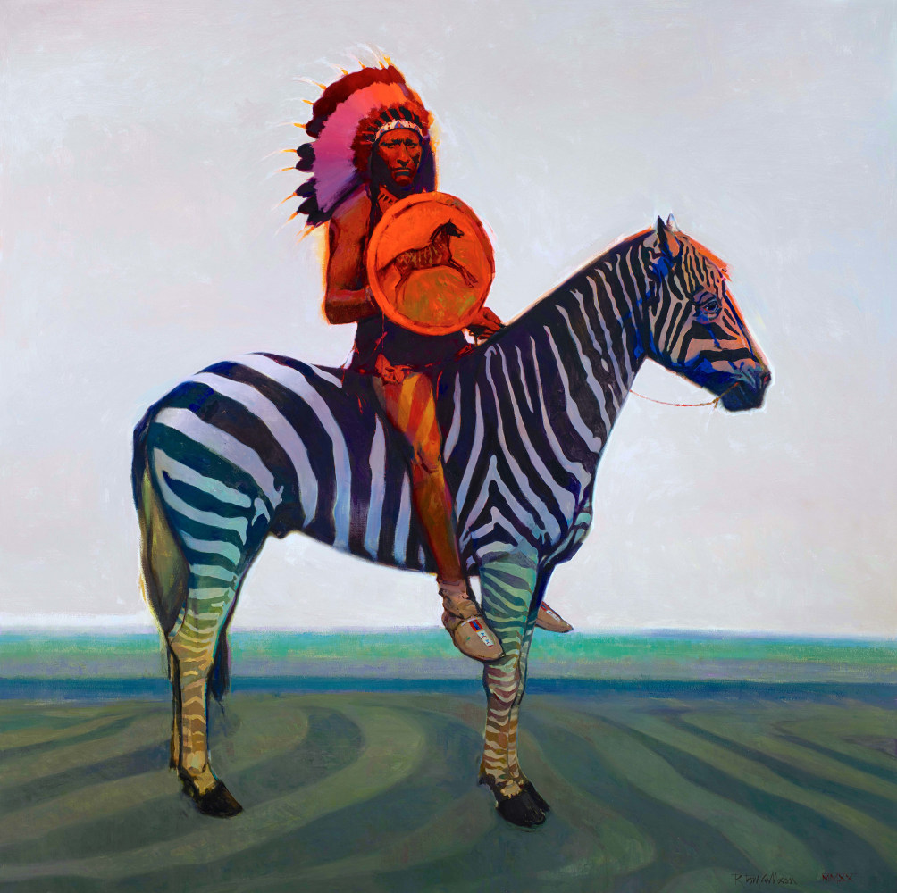 Zebrave
Oil on canvas&amp;nbsp;
60 x 60 inches
SOLD
&amp;ldquo;The word &amp;lsquo;zebra&amp;rsquo; blended with the word &amp;lsquo;brave&amp;rsquo;
began with a dream featuring the mixing of the two
words. To my knowledge, no Native American ever
saddled a zebra.&amp;quot;&amp;nbsp; &amp;nbsp;- Tom Gilleon