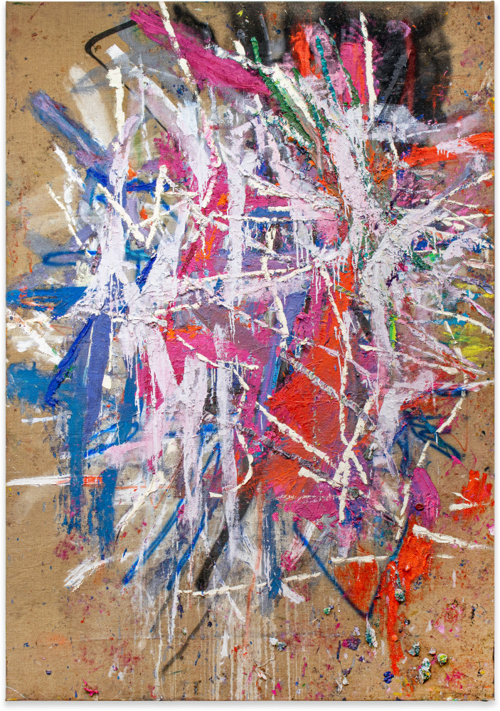 Spencer Lewis
Untitled
2020
Acrylic, oil, enamel, spray paint, and ink on jute
97&amp;nbsp;x 68&amp;nbsp;in