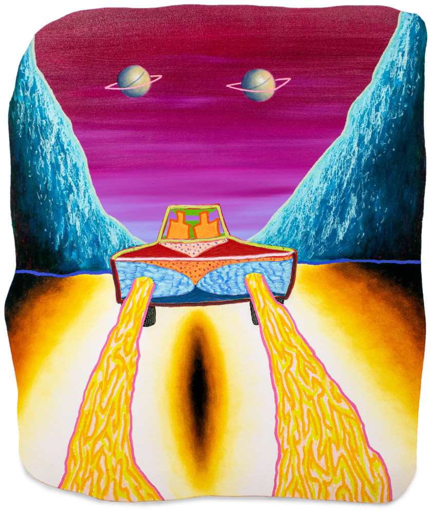 Eliot Greenwald, Night Car (the ground is an enormous yellow eyeball. the environment is aghast. the car looks the same.), 2021