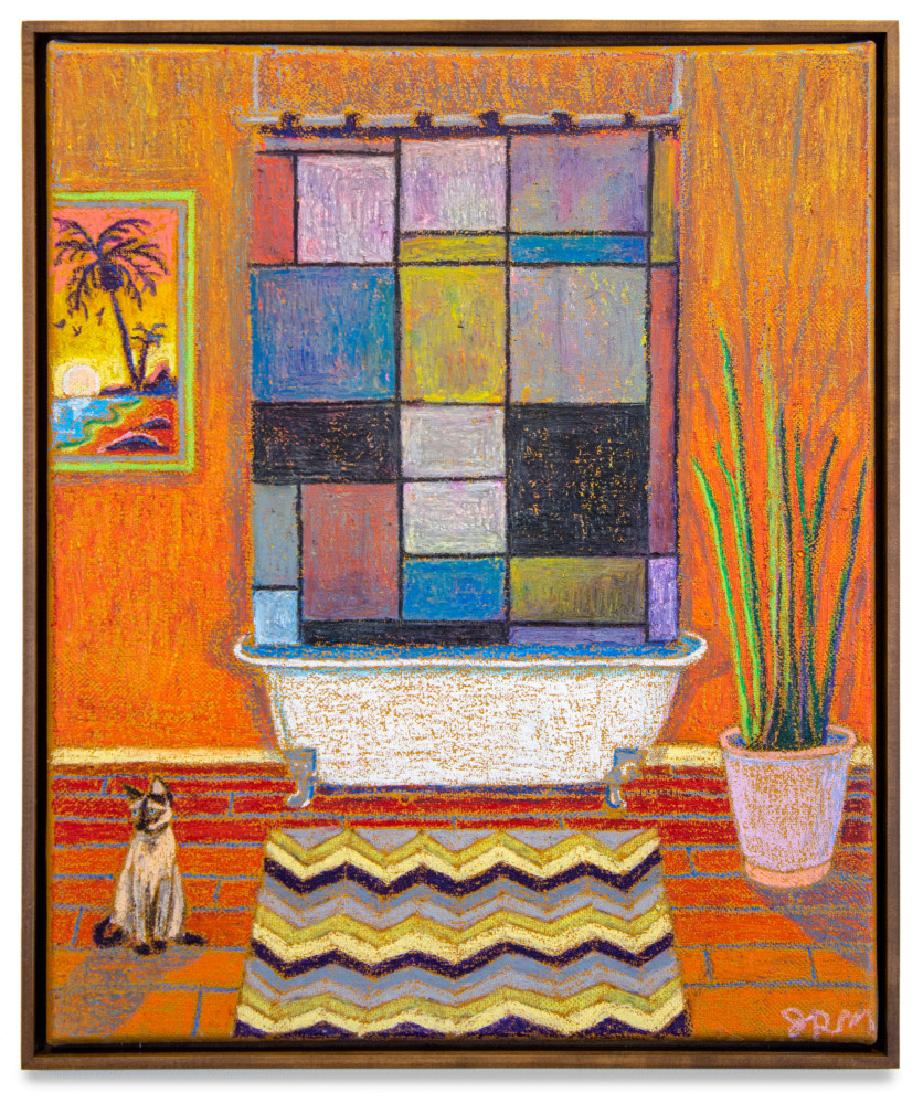 JJ Manford, Bathroom Scene with Mondrian Shower Curtain, Siamese Cat, and Beach Painting, 2019