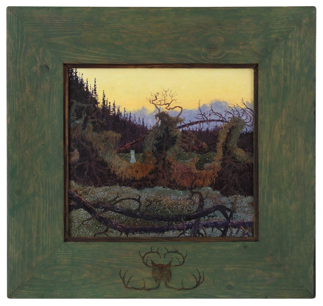 Ogidigamig, 2020, oil on board, 16 1/2&amp;nbsp; X 17 1/2 inches including artist&amp;#39;s hand painted frame