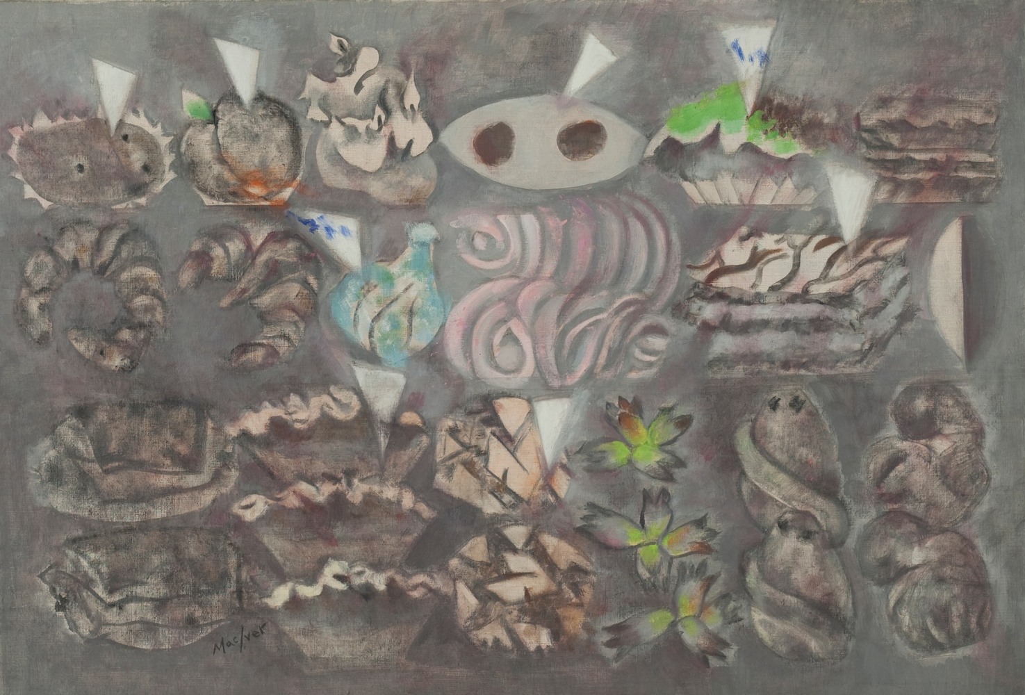 Loren MacIver, Patisserie, 1970, oil on linen, 19 5/8 x 28 3/4 inches