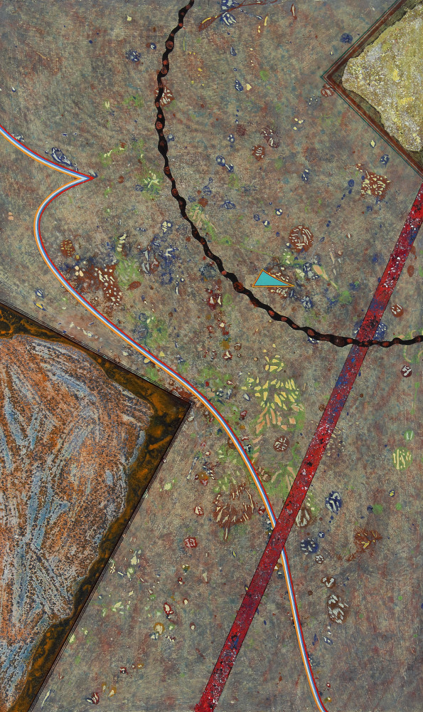 In a Way of Sense, 1977, acrylic, mica, sand and crayon on paper, 19 x 11 1/2 inches