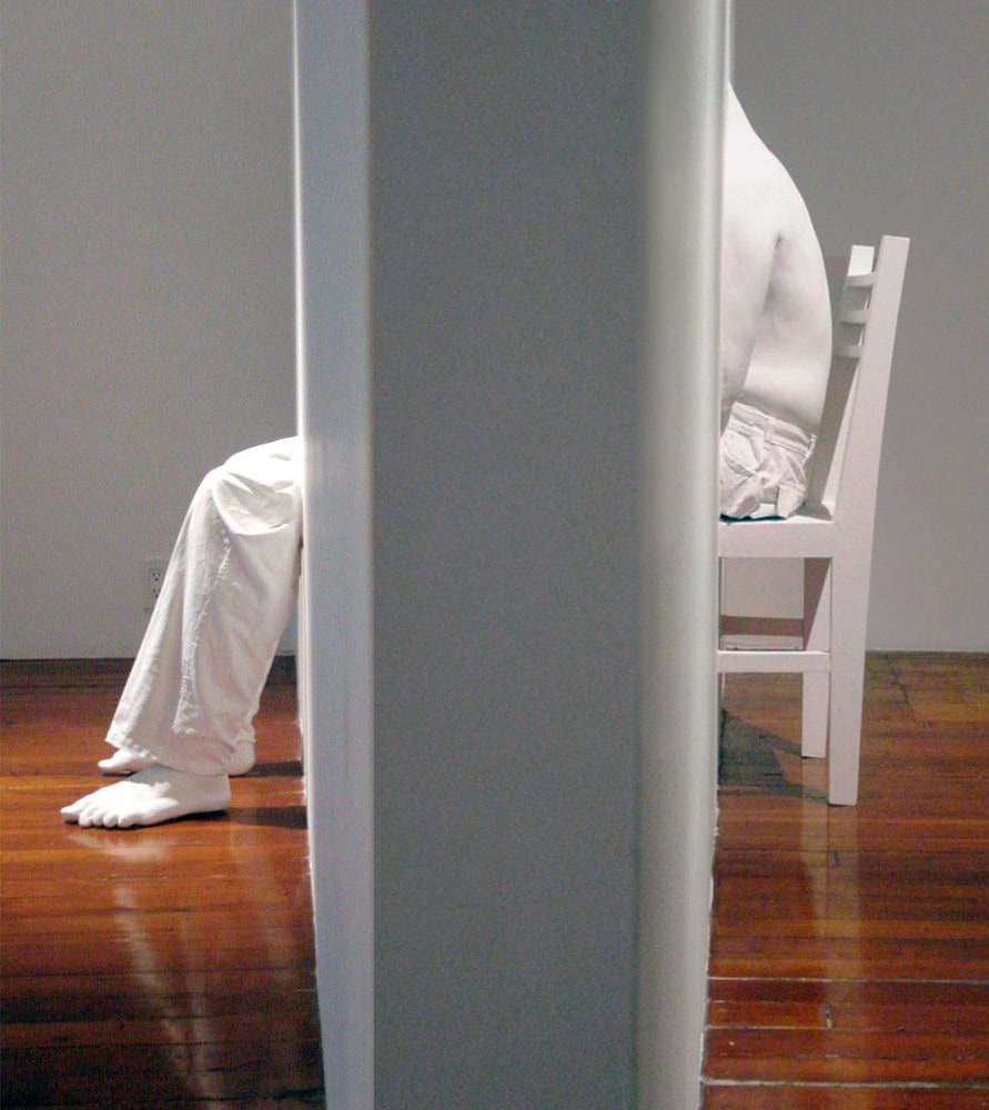 Self in Progress, 2002
Fiberglass cast from self, cloth, acrylic, wood
45" x 33 1/2" x 19"