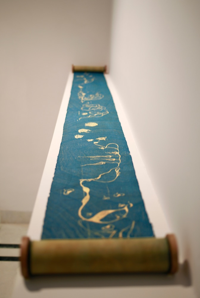 Liana&amp;rsquo;s lullaby, 2015
Laser-cut relief block print on henna-dyed muslin (rolled into a scroll)&amp;nbsp;
7&amp;rdquo; x 198&amp;rdquo;
Edition of 6