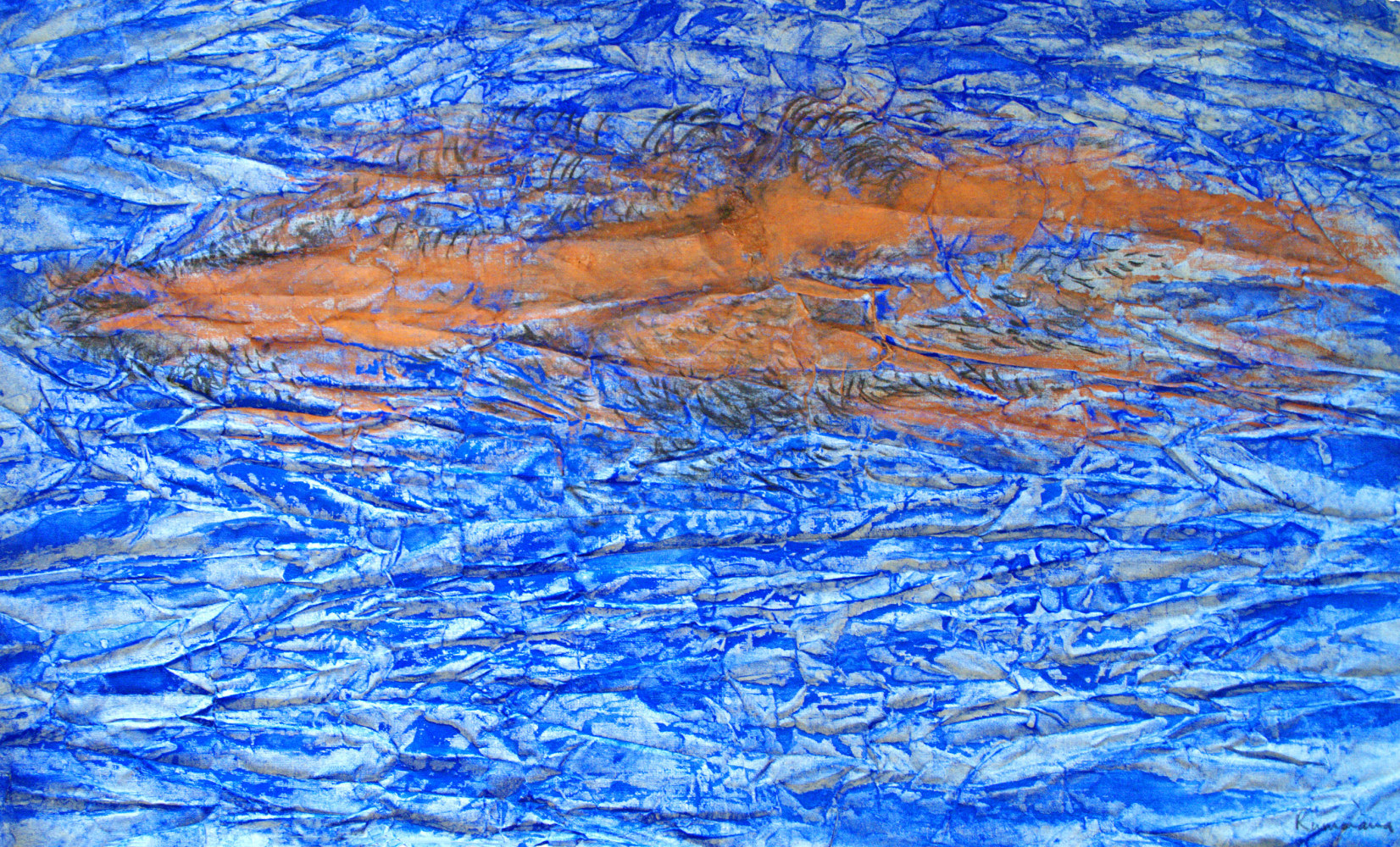Crushed blue piece, 1992
Indigo and earth pigment, charcoal on crushed paper
19” x 29 3/4”