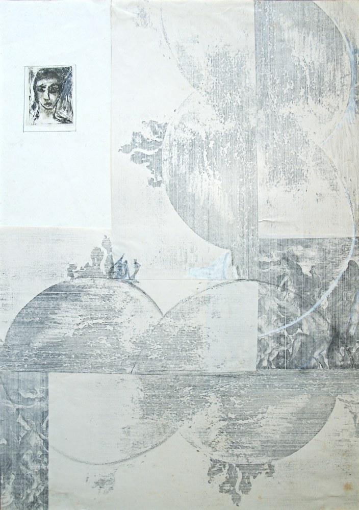 Behind a thin film, 1993
Indigo and earth pigment, acrylic on printed paper, collage and tracing paper pasted on paper
24" x 17 1/2"