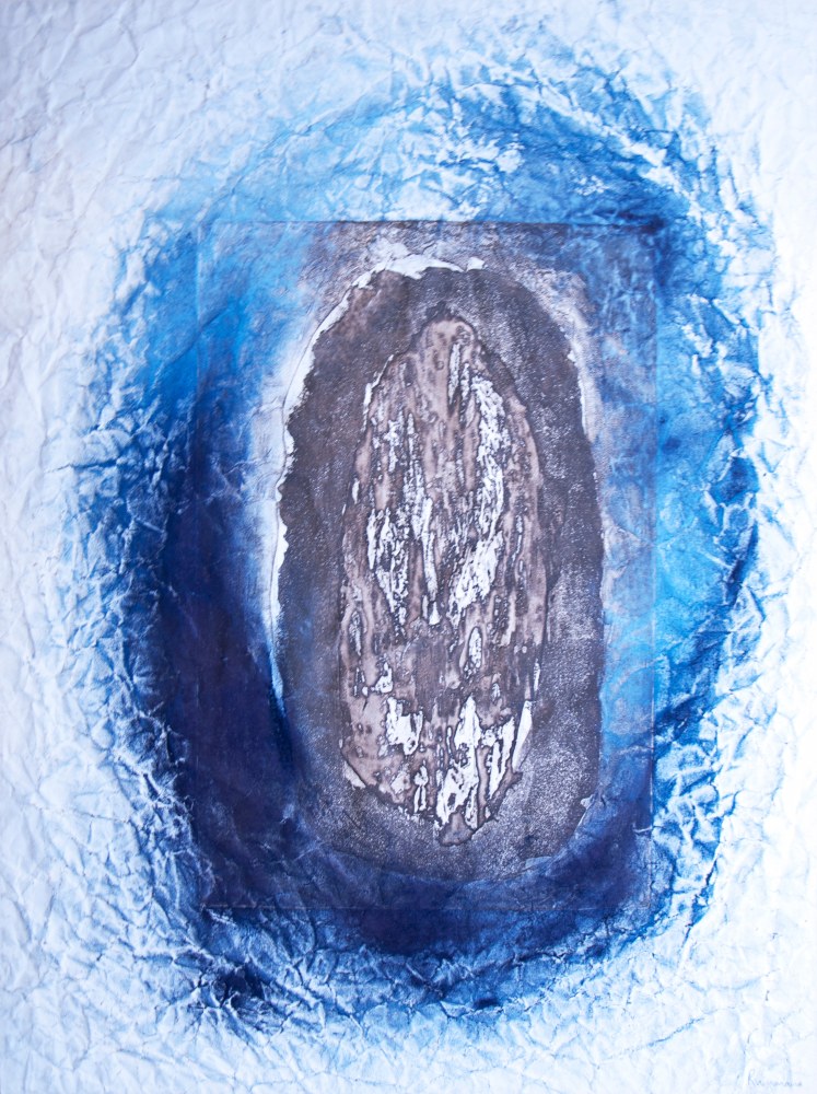 Tunnel Echoes, 1994
Indigo pigment and ink on etching on crushed paper
28 3/4" x 21 1/2"
