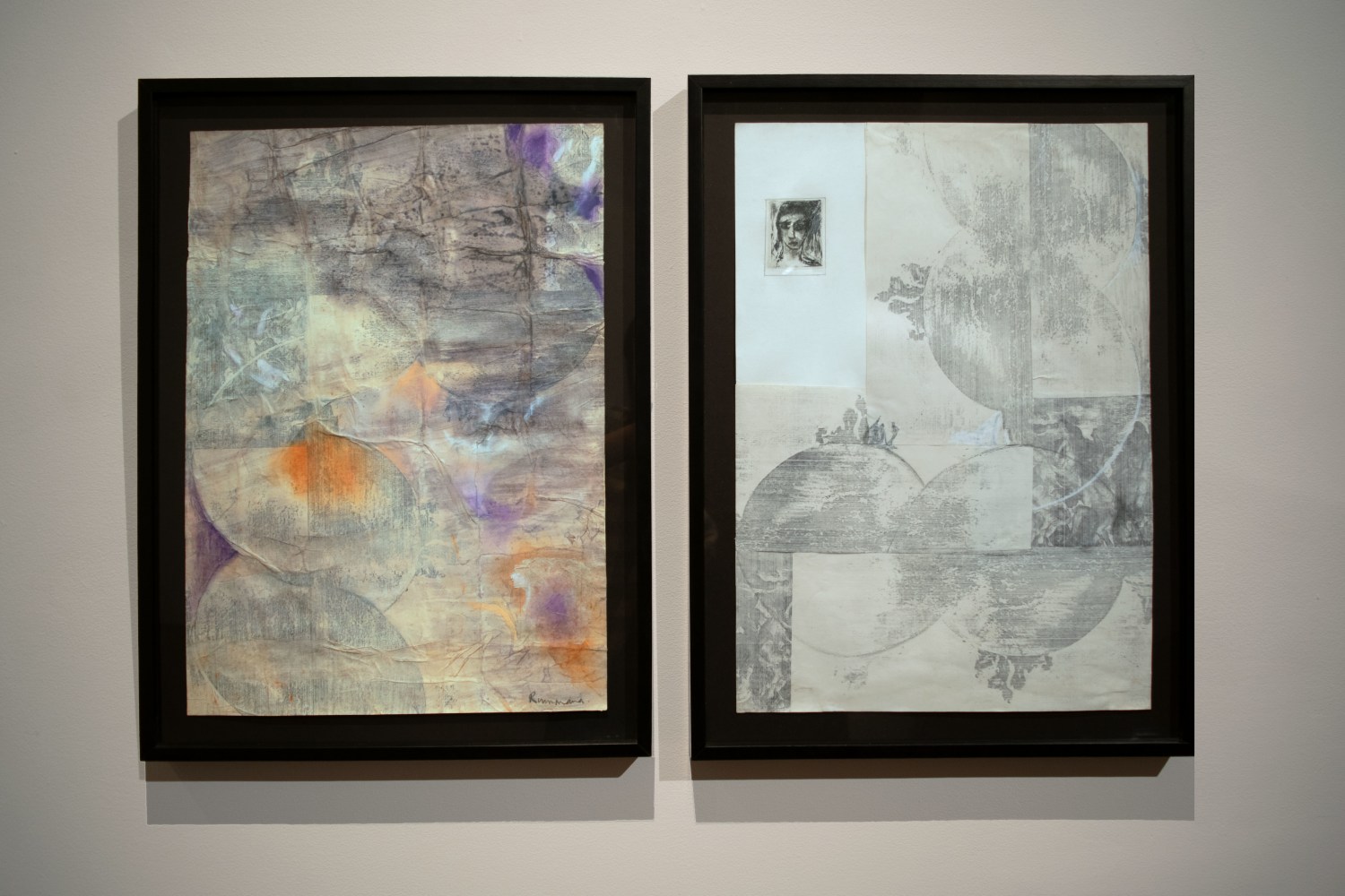 Rummana Hussain
Behind a thin film, 1993
Left: Indigo and earth pigment, acrylic on printed paper, collage and tracing paper pasted on paper.
Right: Acrylic on print collage, ink on plastic sheet, charcoal and Xerox on paper
61 x 44.45 cm (Each of 2)
