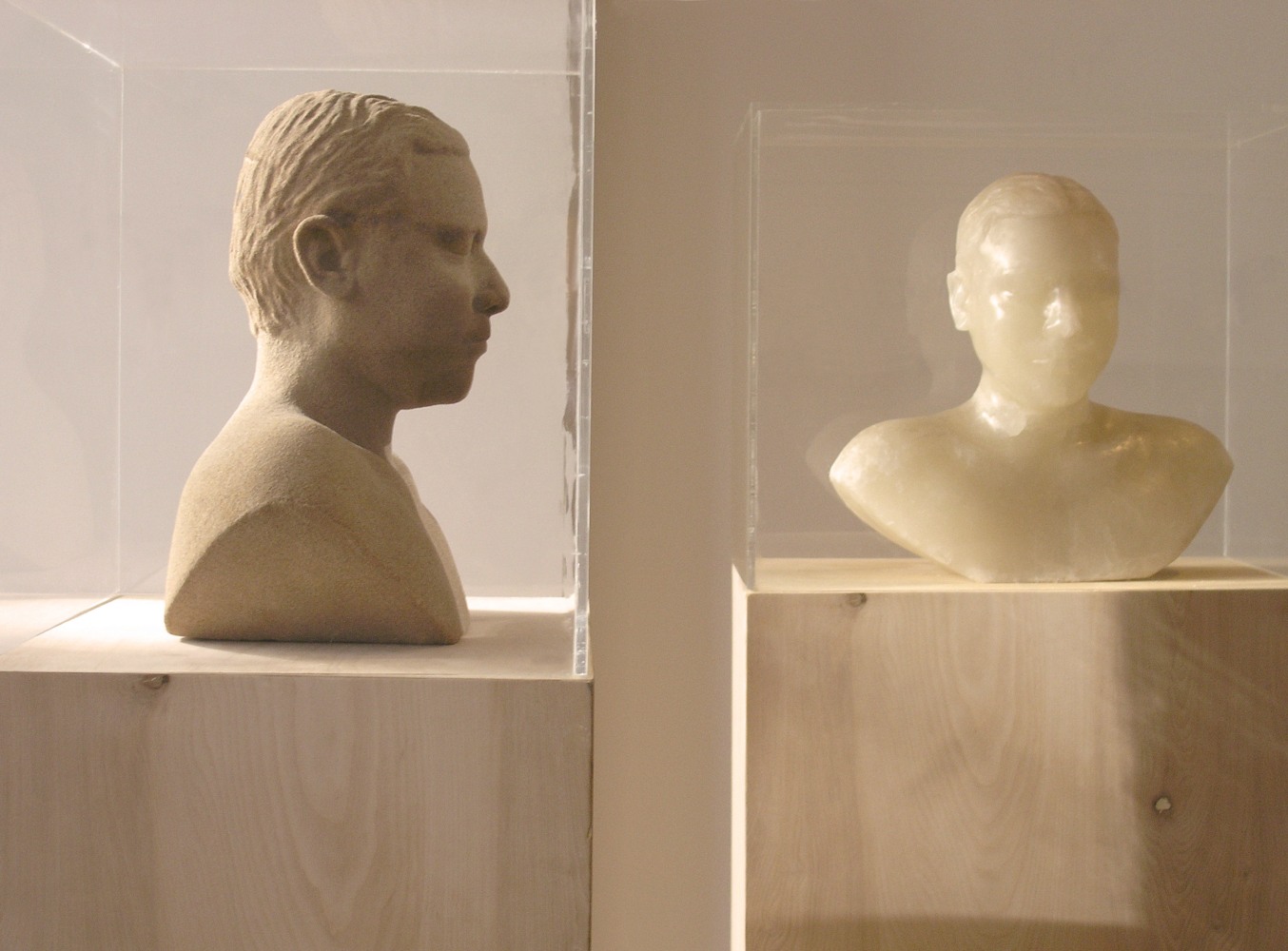 Alwar Balasubramaniam
Untitled (Self Busts), 2004
Cast from self, sand, fiberglass, evaporating compound, acrylic and wood
24&amp;quot; x 20&amp;quot; x 18&amp;quot; (Each of 2) | Pedestal: 48&amp;quot; x 24&amp;quot; x 18&amp;quot; (Each of 2)

&amp;nbsp;

&amp;nbsp;
