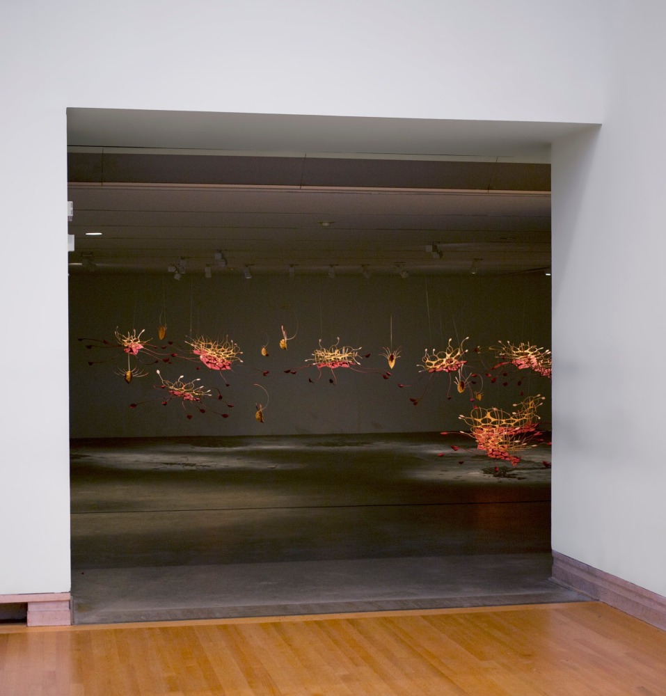 Seven ponds and a few raindrops, 2017
Stainless steel, dyed muslin, tamarind
229″ x 223″ x 96″