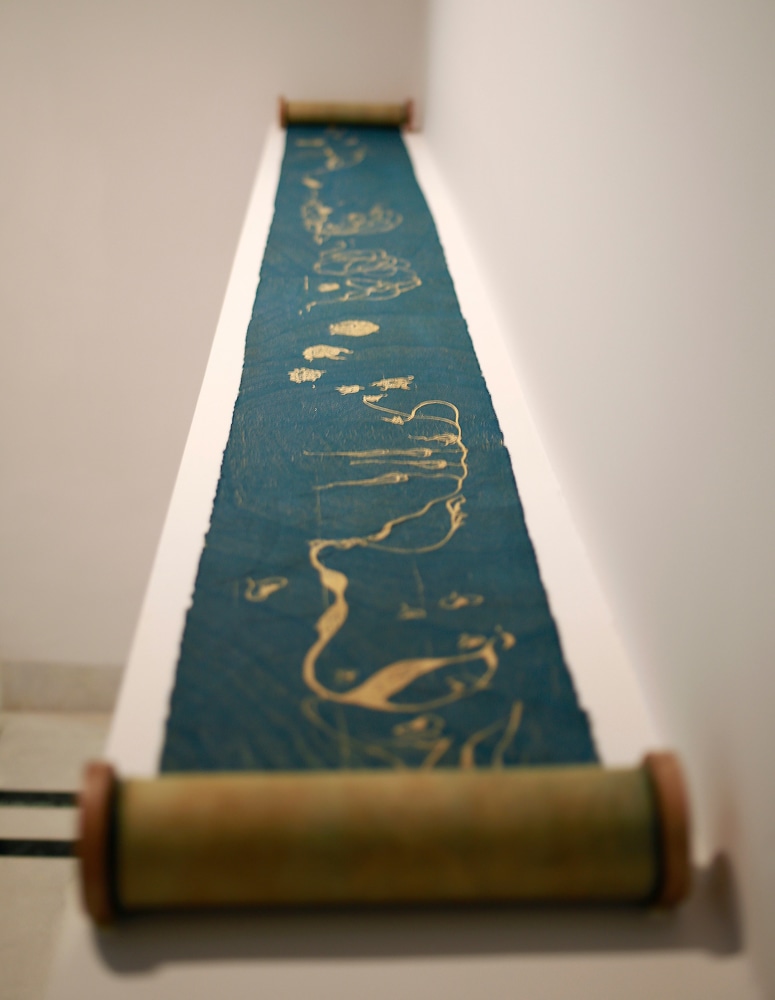 Liana's lullaby, 2015
Block printed on henna-dyed muslin
7" x 198”