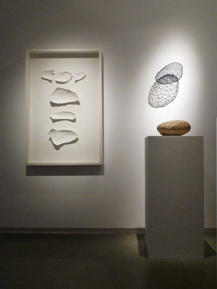 In Between, In & Out, 2009
Fiberglass, wood, welded metal, acrylic and stone
In 3 parts: 
29" x 46" x 3 1/2" (Framed Part)
12 1/2" x 8" x 6 1/2" (Stone)
12 1/2" x 8" x 5" (Wire Mesh)
