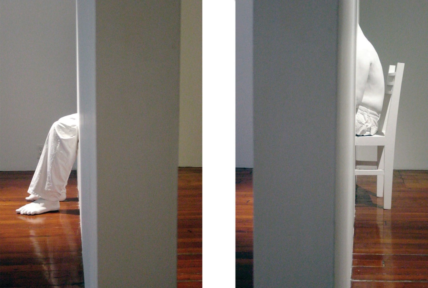 Alwar Balasubramaniam
Self in Progress,&amp;nbsp;2002
Fiberglass cast from self, cloth, acrylic, wood
45&amp;Prime; x 33 1/2&amp;Prime; x 19&amp;Prime;