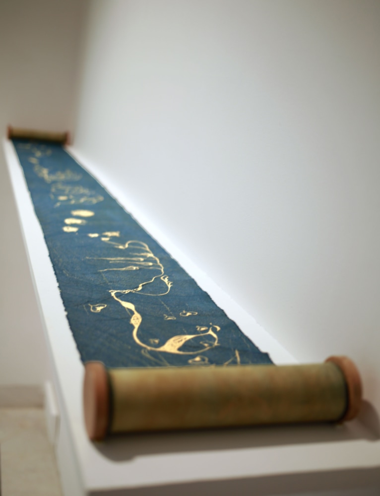 Ranjani Shettar
Liana's lullaby, 2015
Laser-cut relief block printed on henna-dyed muslin (rolled into scrolls)
7" x 198"
TG# 3783