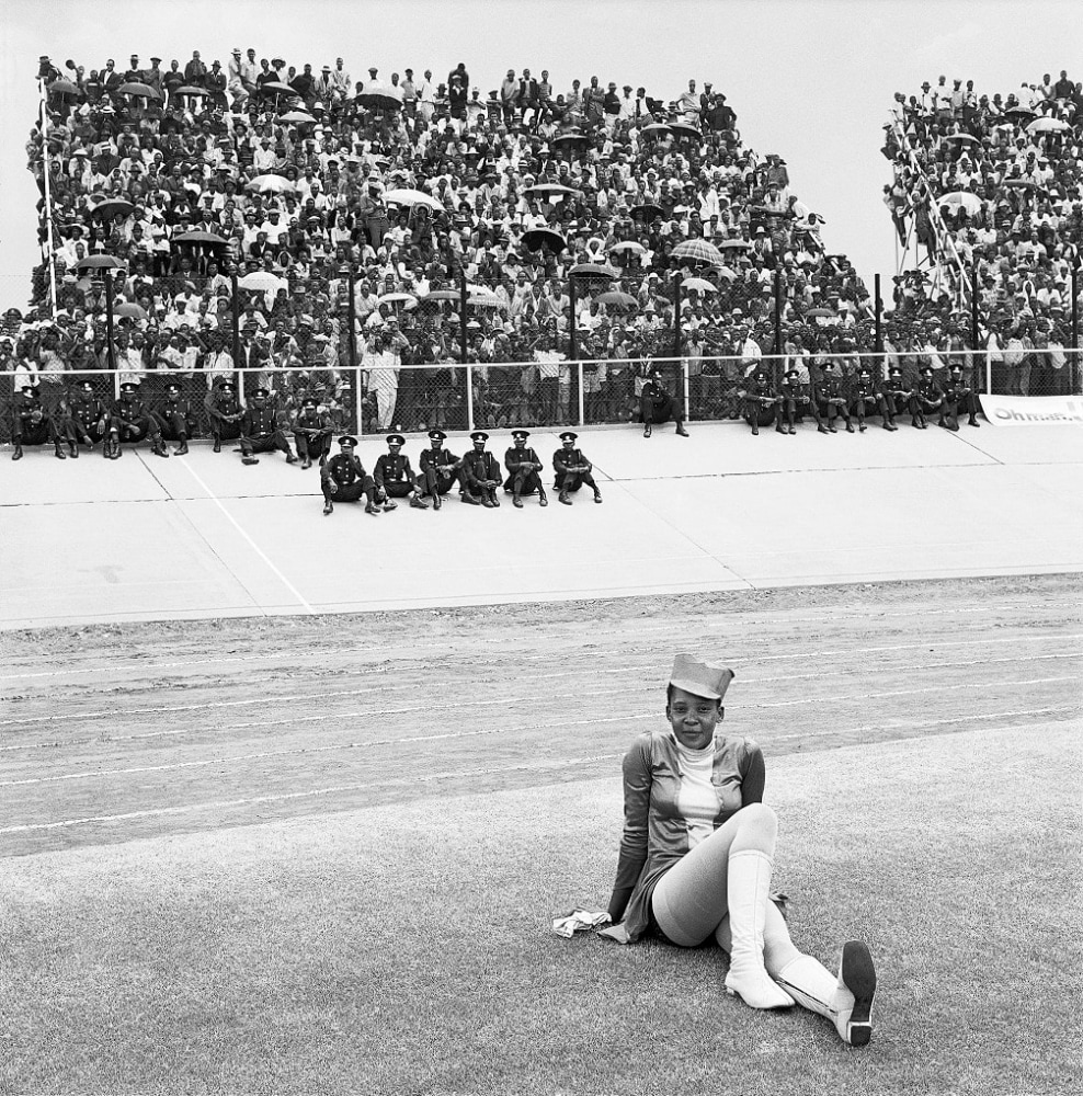 David Goldblatt Drum majorette, Cup final, Orlando Stadium, Soweto. 1972 (2_14220), 1972 Silver gelatin print on fibre-based paper Image: 27.5 x 27 cm (10.8 x 10.6 in.) STD 2/10