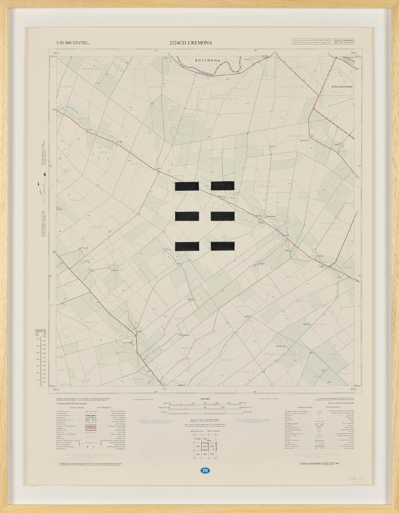 Jeremy Wafer

Location 7, 2023

1:50 000 scale Government issue map of

a South African location, ink and paint

77 x 58 cm / 195.6 x 147.3 in.