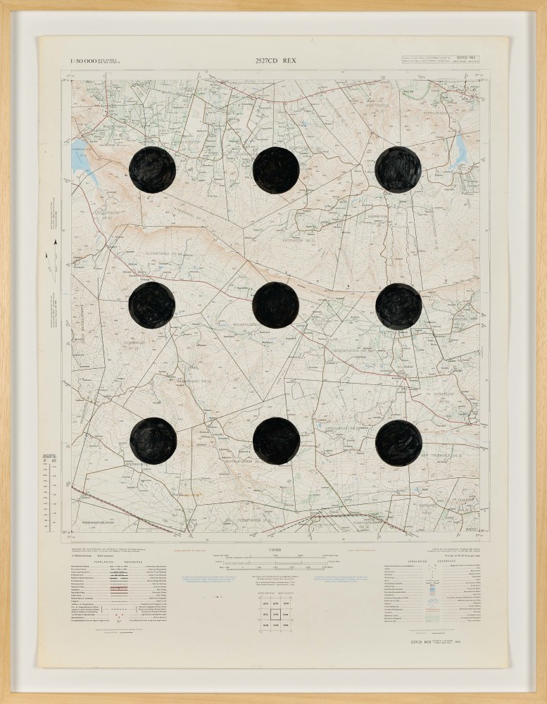Jeremy Wafer

Location 12, 2023

1:50 000 scale Government issue map of

a South African location, ink and paint

77 x 58 cm / 195.6 x 147.3 in.