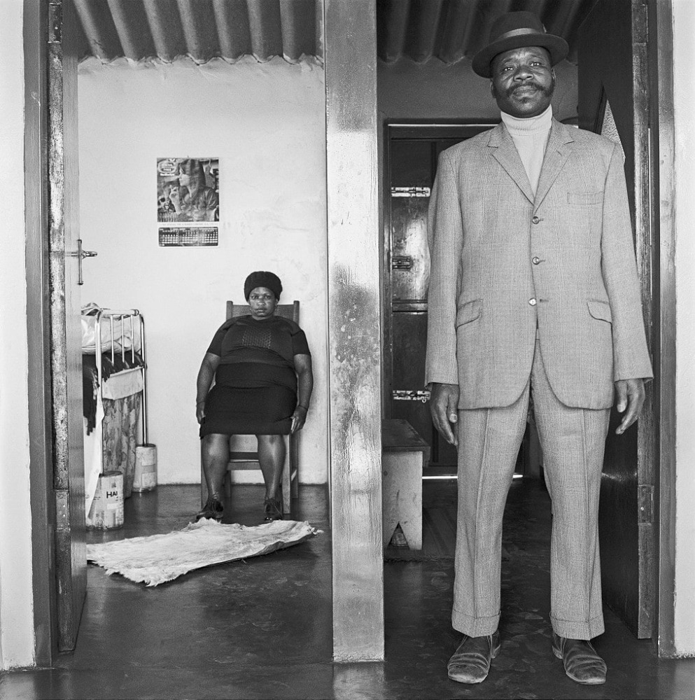 David Goldblatt
George and Sarah Manyane, 3153 Emdeni Extension, Soweto (2_10938), August 1972
Silver gelatin print on fibre-based paper
Work: 36.5 x 36 cm / 14.4 x 14.2 in.
Frame: 58.6 x 58.2 cm / 23.1 x 22.9 in.
Edition 4 of 8

Enquire