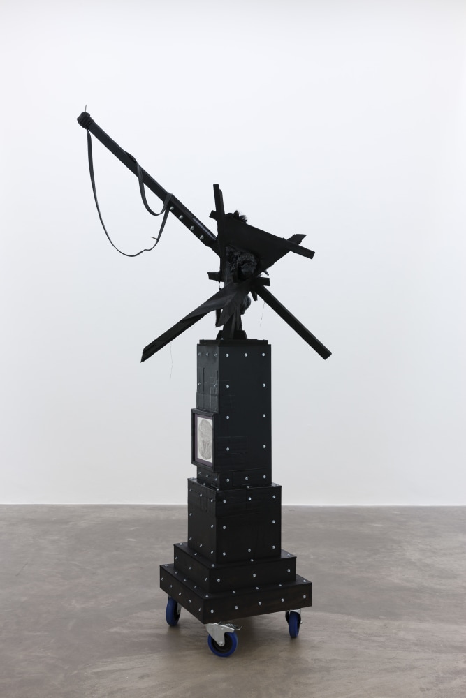 Marcel Vidal&amp;nbsp;
Dead in the day, 2017
expanding foam, spray paint, wood, watercolour on paper framed with glass, bitumen, zinc fittings, castor wheels, rubber, animal fur, linen, plaster
241 x 120 x 80 cm / 94.9 x 47.2 x 31.5 in&amp;nbsp;

&amp;nbsp;