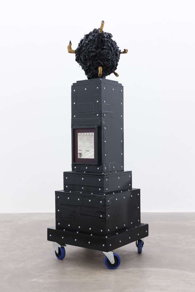 Marcel Vidal&amp;nbsp;
Balcony, 2017
expanding foam, spray paint, wood, watercolour on paper, framed with glass bitumen, zinc fittings, castor wheels, animal hooves, glue, twine, linen, plaster
196 x 62 x 62 cm / 77.2 x 24.4 x 24.4 in&amp;nbsp;
Collection of Arts Council of Ireland

&amp;nbsp;