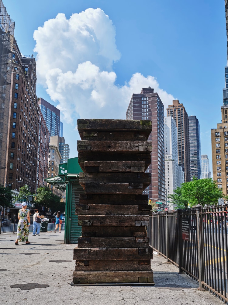 Sean Scully, Sleeper Stack 2, 2018, Railway sleepers, 8.6 x 4 x 4 ft. (2.6 x 1.2 x 1.2 m.),&amp;nbsp;Broadway and 72nd Street. Photography by Tom Barratt