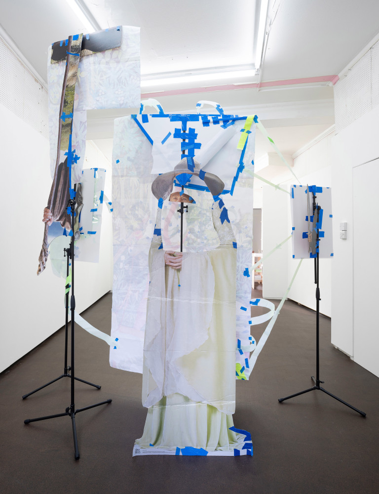 Sam Keogh, Pages from The Hunters Enter the Woods Cartoon, 2024, acrylic, watercolour, coloured pencil and gold leaf on 70gsm acid-free layout paper, masking tape, gaffer tape, cardboard cutouts, mic stands. Dimension variable. Photo: Ollie Harrop