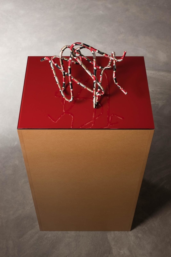 Isabel Nolan, In a space, intimately unrelated detail,&amp;nbsp;2009, metal, plaster bandage, cotton, silk-blend, toughened glass, MDF object 26 x 30 x 30 cm / 10.2 x 11.8 x 11.8 in, base 91 x 50 x 40 cm / 35.8 x 19.7 x 15.7 in