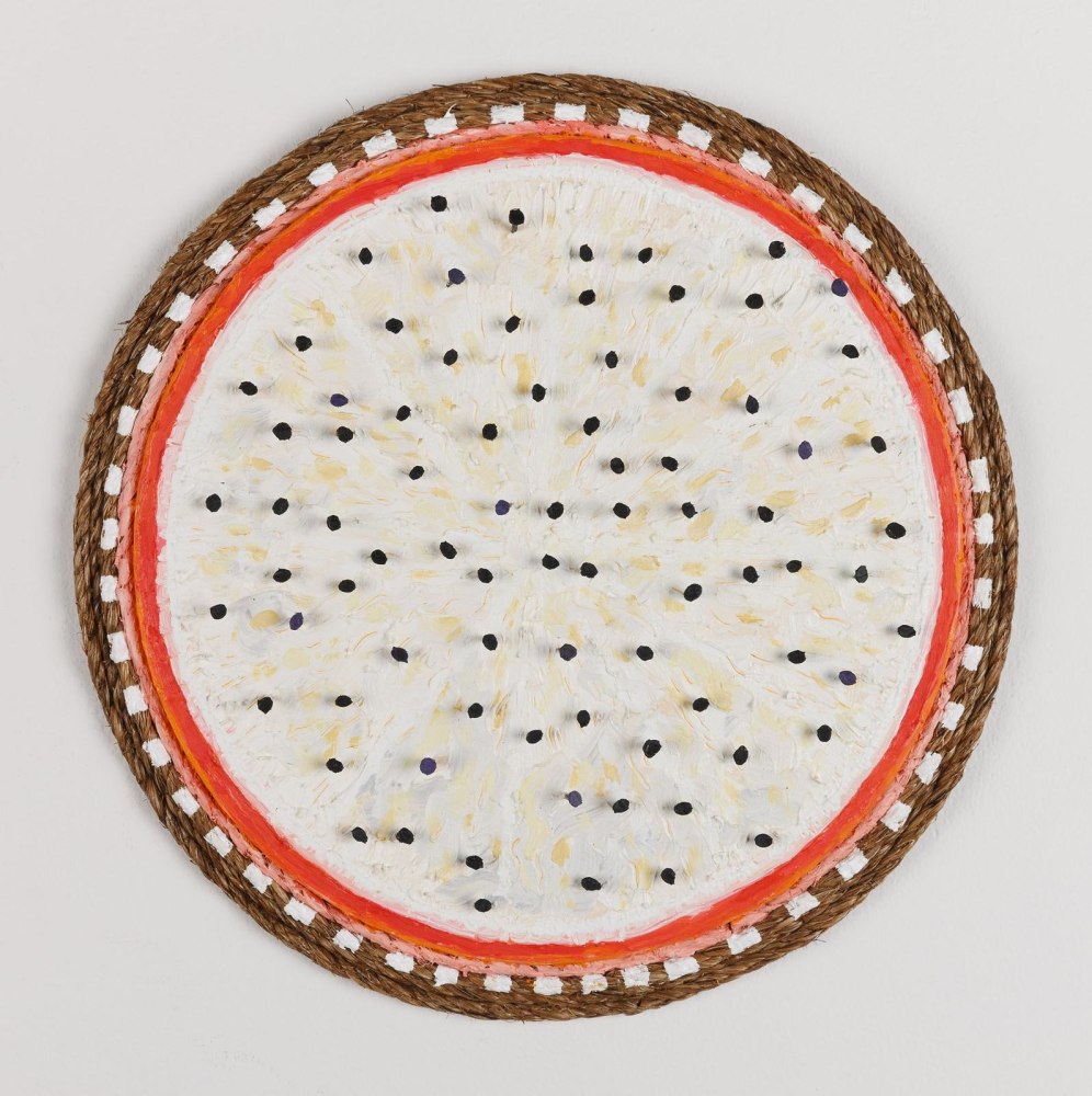 Daniel Rios Rodriguez
Maracuya, 2018
oil, nails, rope on wood panel&amp;nbsp;
38 x 38 cm / 5 x 15 in