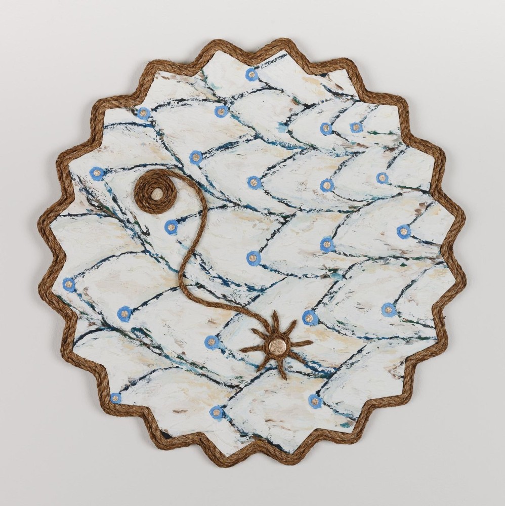 Daniel Rios Rodriguez
Zenaida, 2018
oil, acrylic, rope, nails, aluminium and river stone on wood panel
66 cm / 26 in diameter