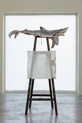 Dorothy Cross
Buoy, 2014
blue shark skin, white gold leaf, antique easel, Italian alabaster
180 x 130 x 80 cm / 70.9 x 51.2 x 31.5 in&amp;nbsp;