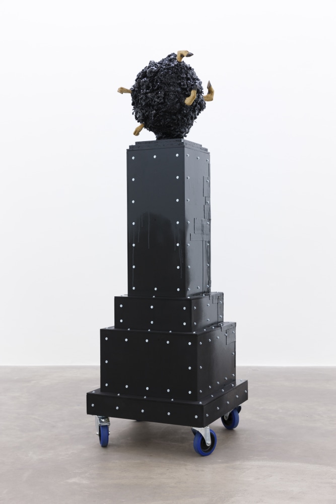 Marcel Vidal&amp;nbsp;
Balcony, 2017
expanding foam, spray paint, wood, watercolour on paper, framed with glass bitumen, zinc fittings, castor wheels, animal hooves, glue, twine, linen, plaster
196 x 62 x 62 cm / 77.2 x 24.4 x 24.4 in&amp;nbsp;
Collection of Arts Council of Ireland

&amp;nbsp;